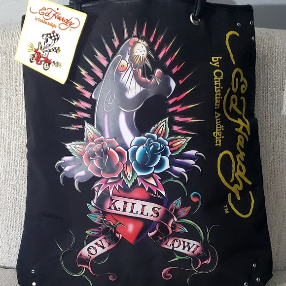 Ed Hardy Black Tote Bag Love Kills Slowly - Picture 1 of 7